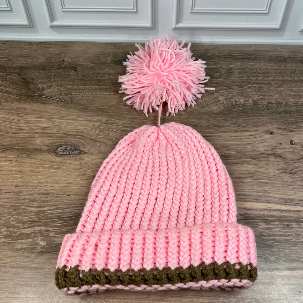 Handmade Beanie Girls Pink Chunky Knit Dangle Pom-Pom Winter Hat OSFM